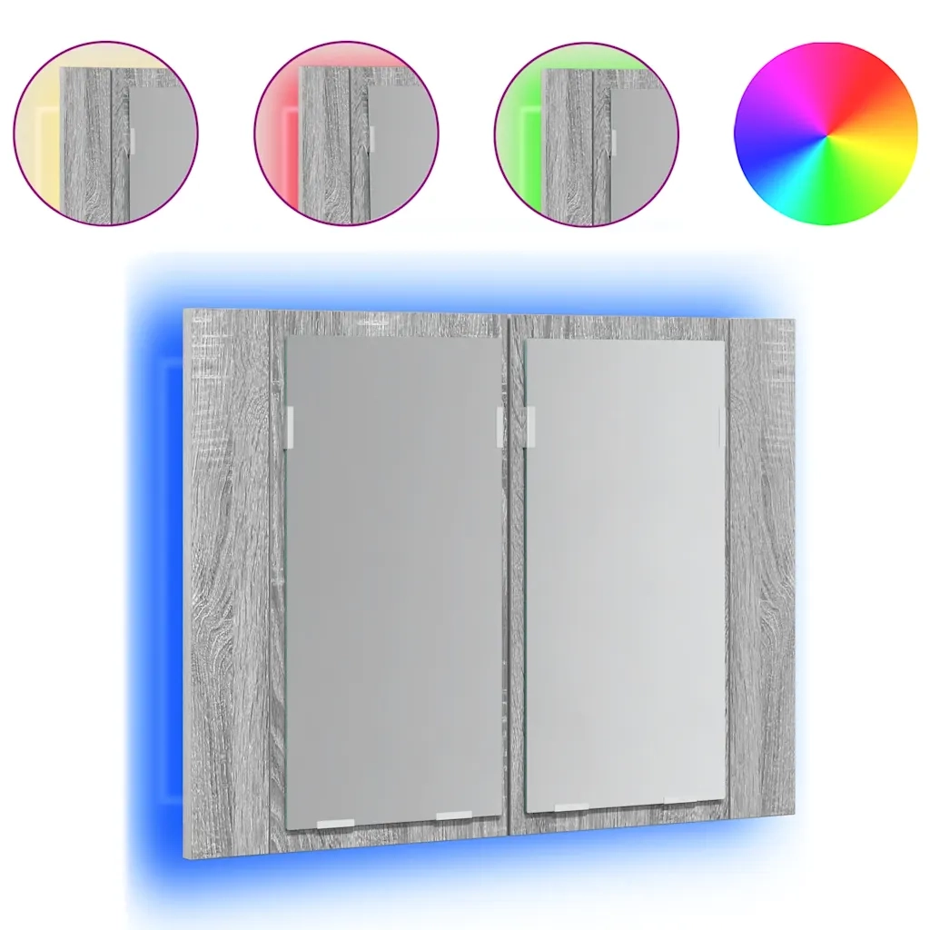 Mobile Specchio LED-Armadietto a Specchio da Bagno Grigio Sonoma 60x12x45cm Legno Multistrato