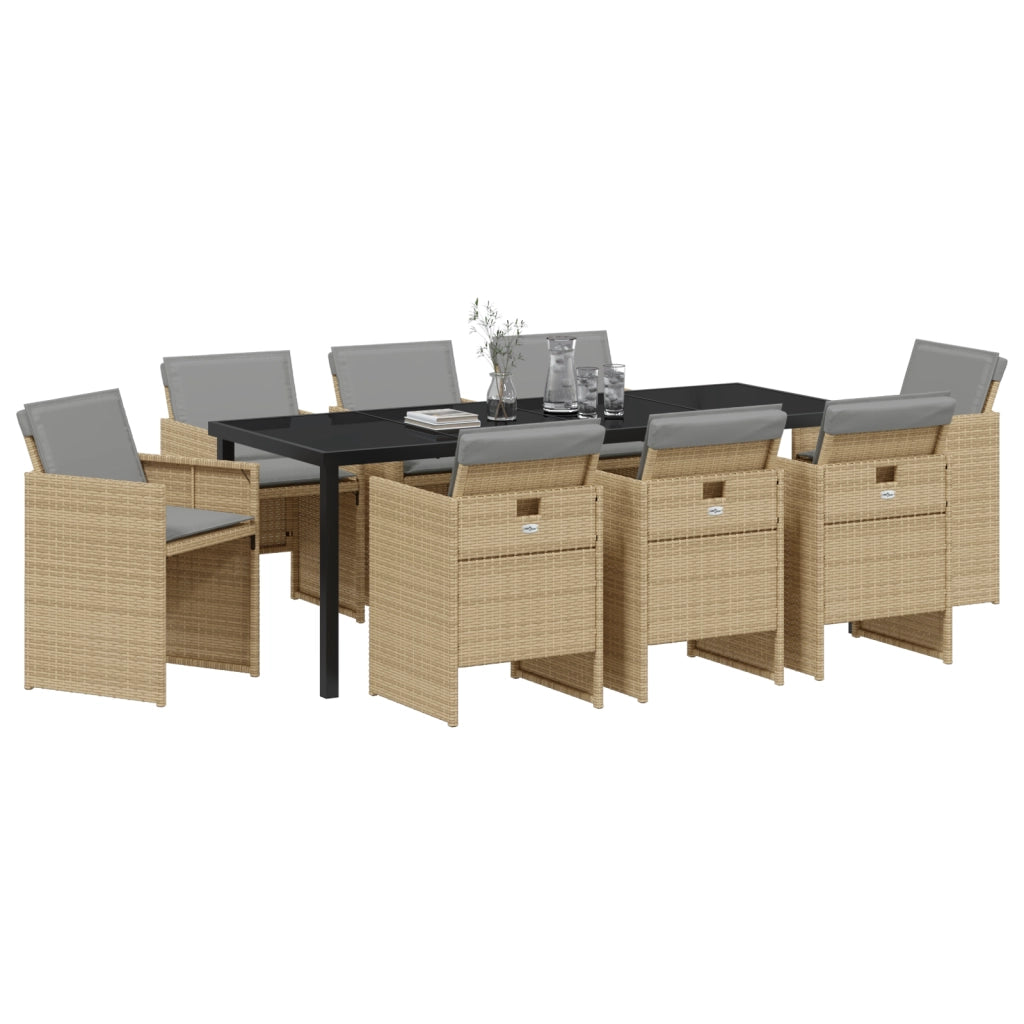 Set da Pranzo Giardino 9 Pezzi con Cuscini Beige Polyrattan
