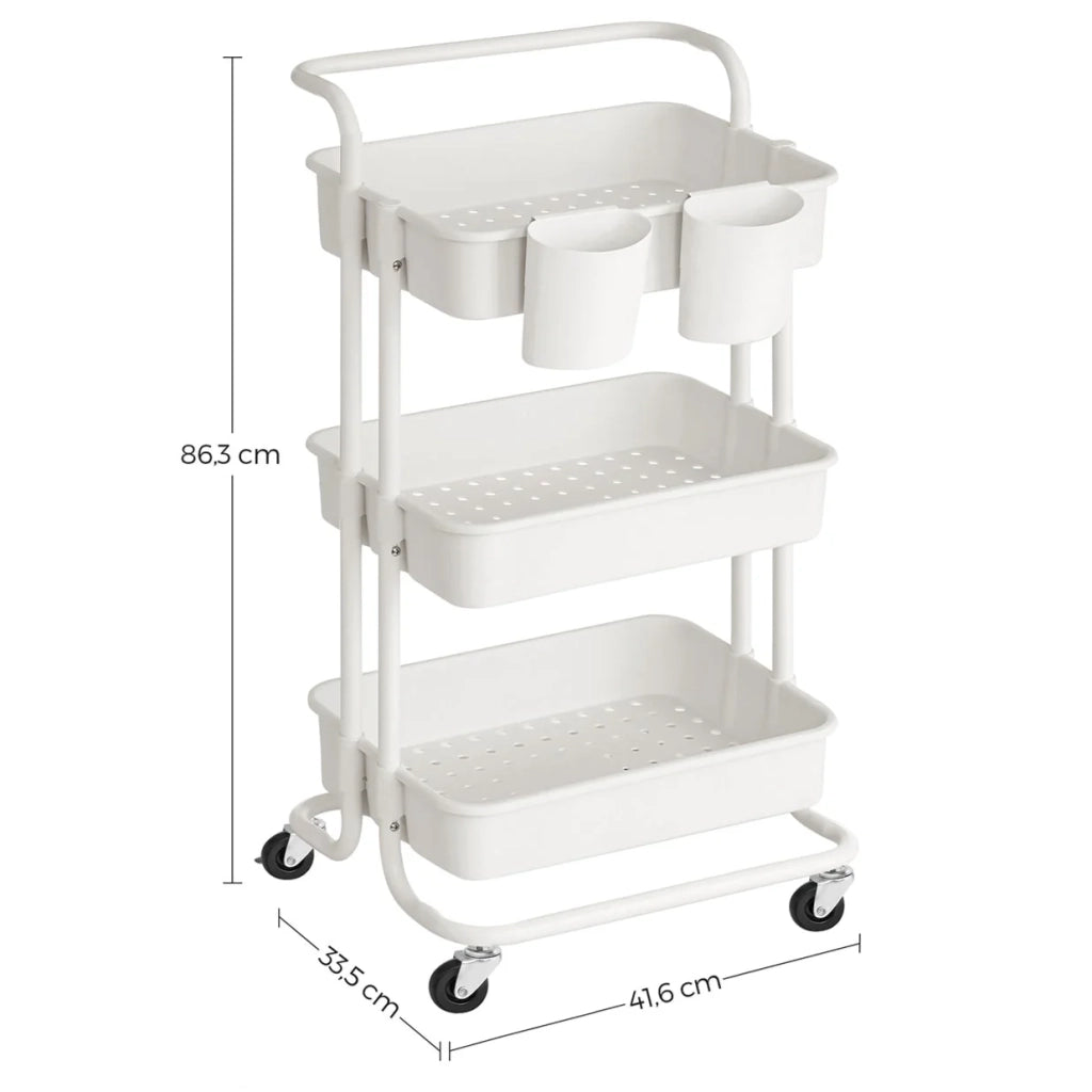 Carrello di servizio mobile a 3 livelli con ruote ripiano portaoggetti con maniglia 2 pentole 2 freni cestini in plastica facile da montare per camera da letto cucina bianco 12_0005039