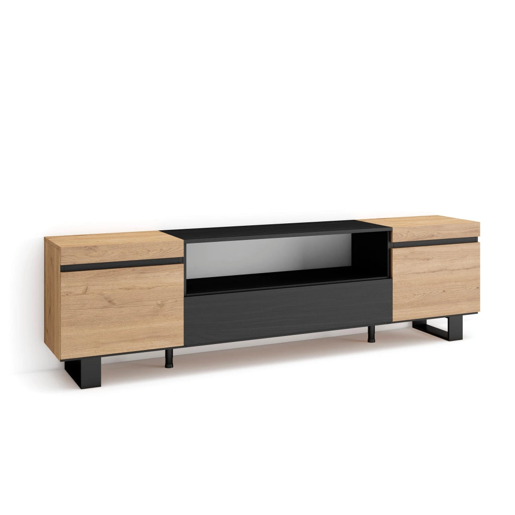 Mobile TV, 200x35x57cm, soggiorno, Per TV fino a 80", Design industriale, colore Rovere e nero RF2257