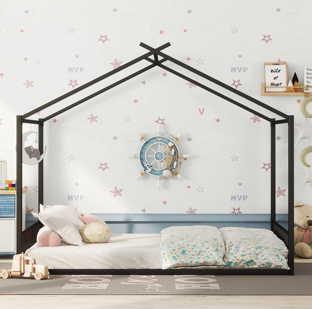 Letto per bambini in ferro a forma di casa 140x200 cm, struttura nera resistente