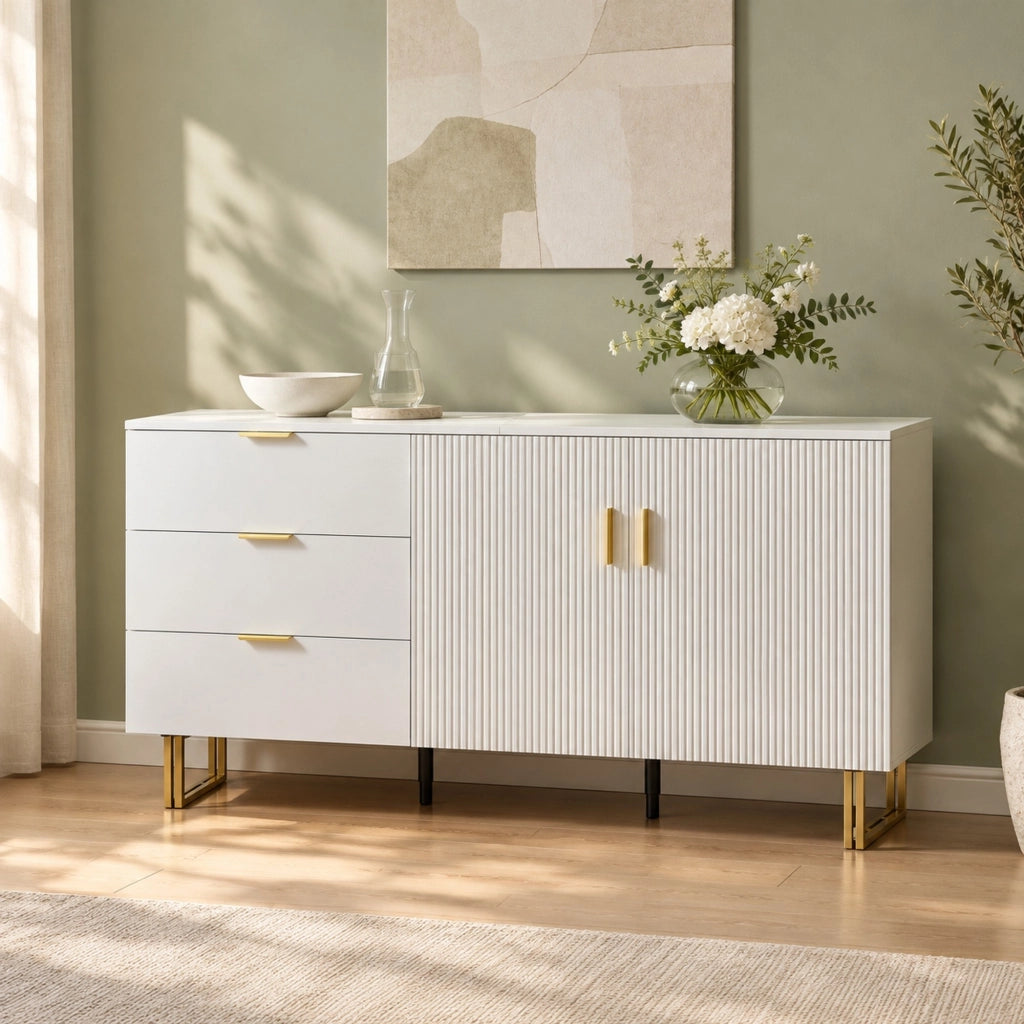 Credenza 160x40x81，5 cm in MDF bianco， 2 ante e 3 cassetti