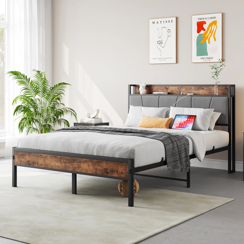 Struttura letto 120 × 200 cm con testiera contenitore; LED; USB e presa; metallo e MDF marrone antico