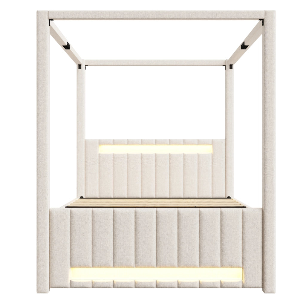 LETTO A BALDACCHINO 140x200 cm con letto estraibile e 3 cassetti, LED Beige