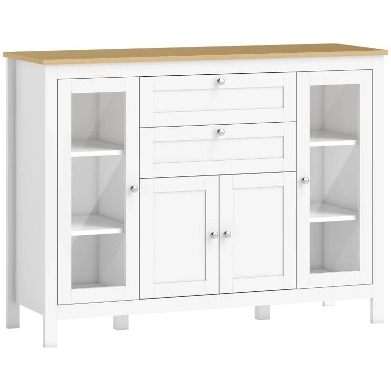 MOBILE CUCINA CON 2 CASSETTI E 3 ARMADIETTI, ANTE IN VETRO E RIPIANI REGOLABILI, 120X40X90 CM, BIANCO E ROVERE