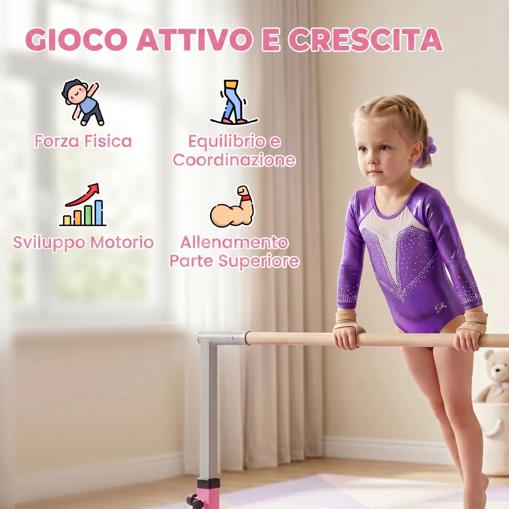 Sbarra orizzontale da ginnastica per bambini ¨C zephmum ¨C rosa, acciaio e legno massello di faggio, altezza regolabile 92-150 cm