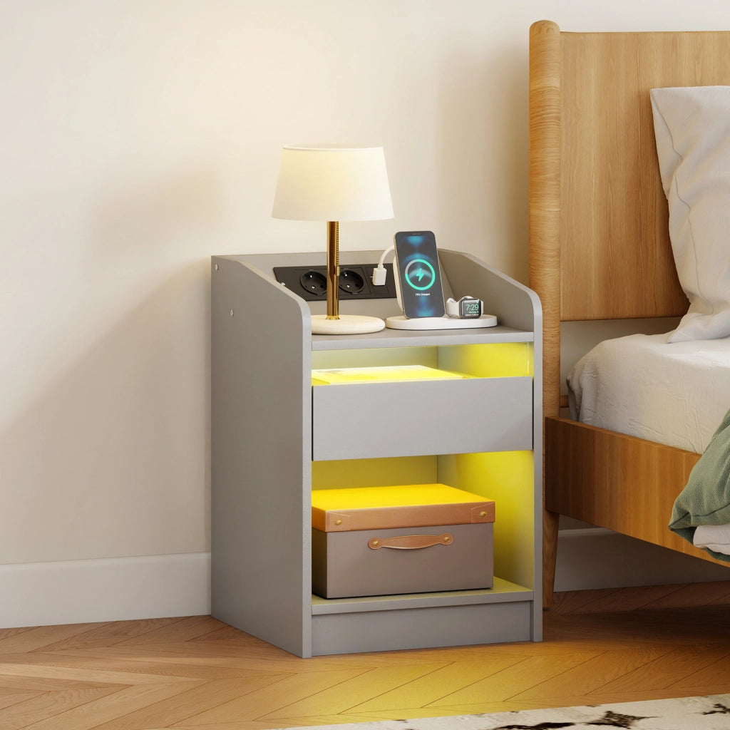 Comodino con LED RGB, Stazione di Ricarica e Cassetto ¨C Minimal ¨C Grigio 40x40x58 cm