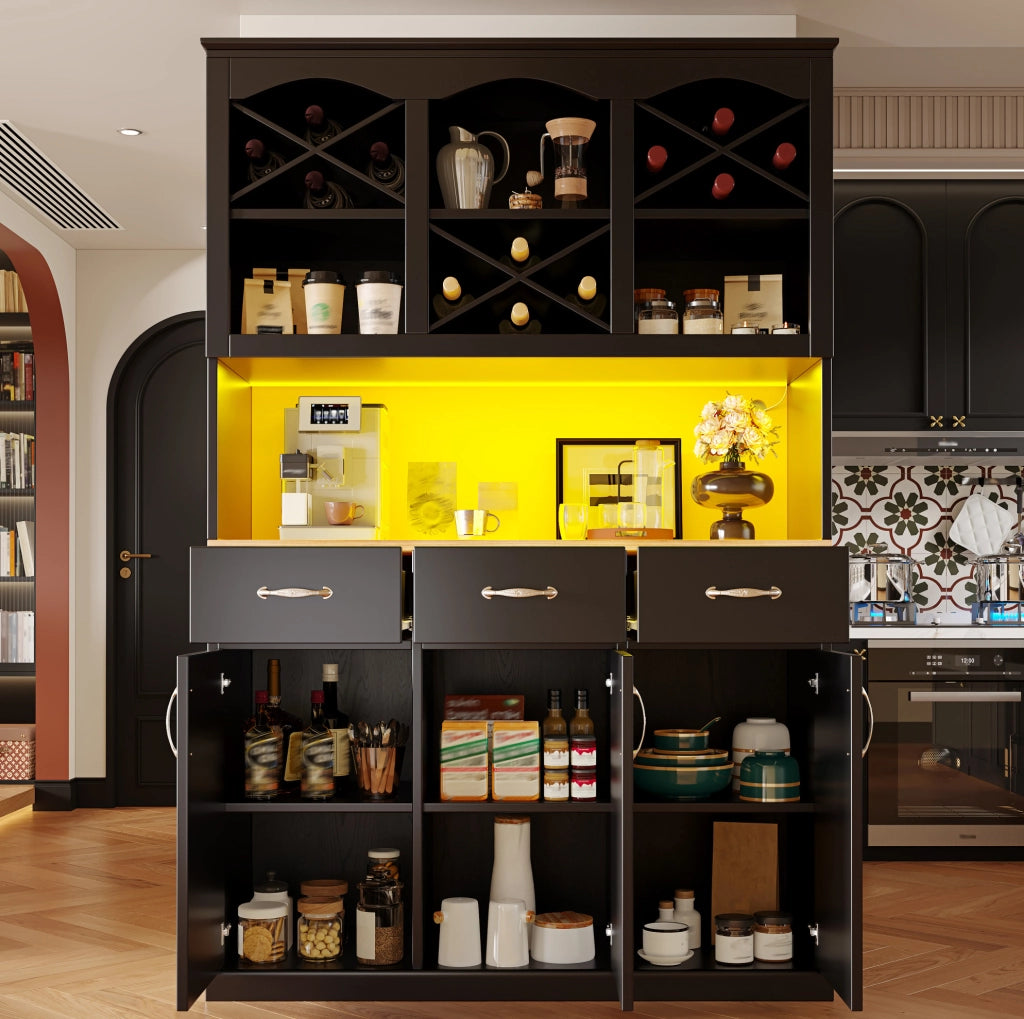 Credenza alta da cucina ULEVR 120x40x180 cm con 3 cassetti, ripiani regolabili e LED multicolore, nera