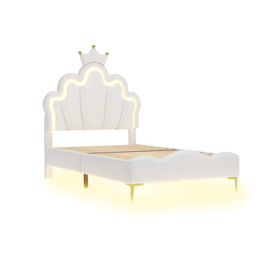 Letto imbottito con corona e luci LED, bianco, 90 x 200 cm