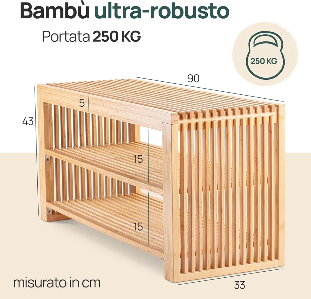 Scarpiera con seduta in bambù – Stretta con 2 ripiani per 6 paia di scarpe – Salvaspazio per corridoio, guardaroba e ingresso – Robusto rack