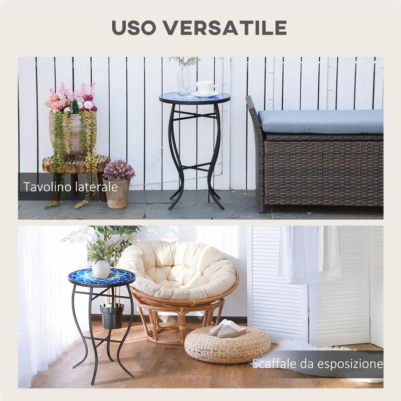 TAVOLINO DECORATIVO DA GIARDINO ROTONDO CON MOSAICO 35.5X53.5CM BIANCO E BLU