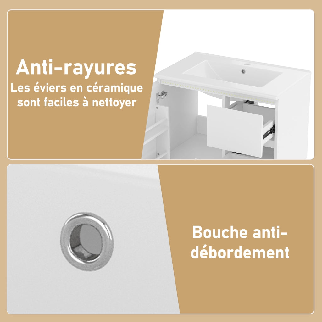 Mobile sottolavabo con 2 cassetti, LED a sensore radar, lavabo in ceramica, per bagno, bianco, 76 × 46 × 50 cm