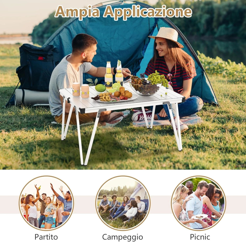Tavolo da Campeggio Pieghevole, Tavolo da Picnic con Borsa Trasporto e Piano Impermeabile, con Struttura in Alluminio, per Giardino Campeggio, Portata 80 kg (Argenteo)