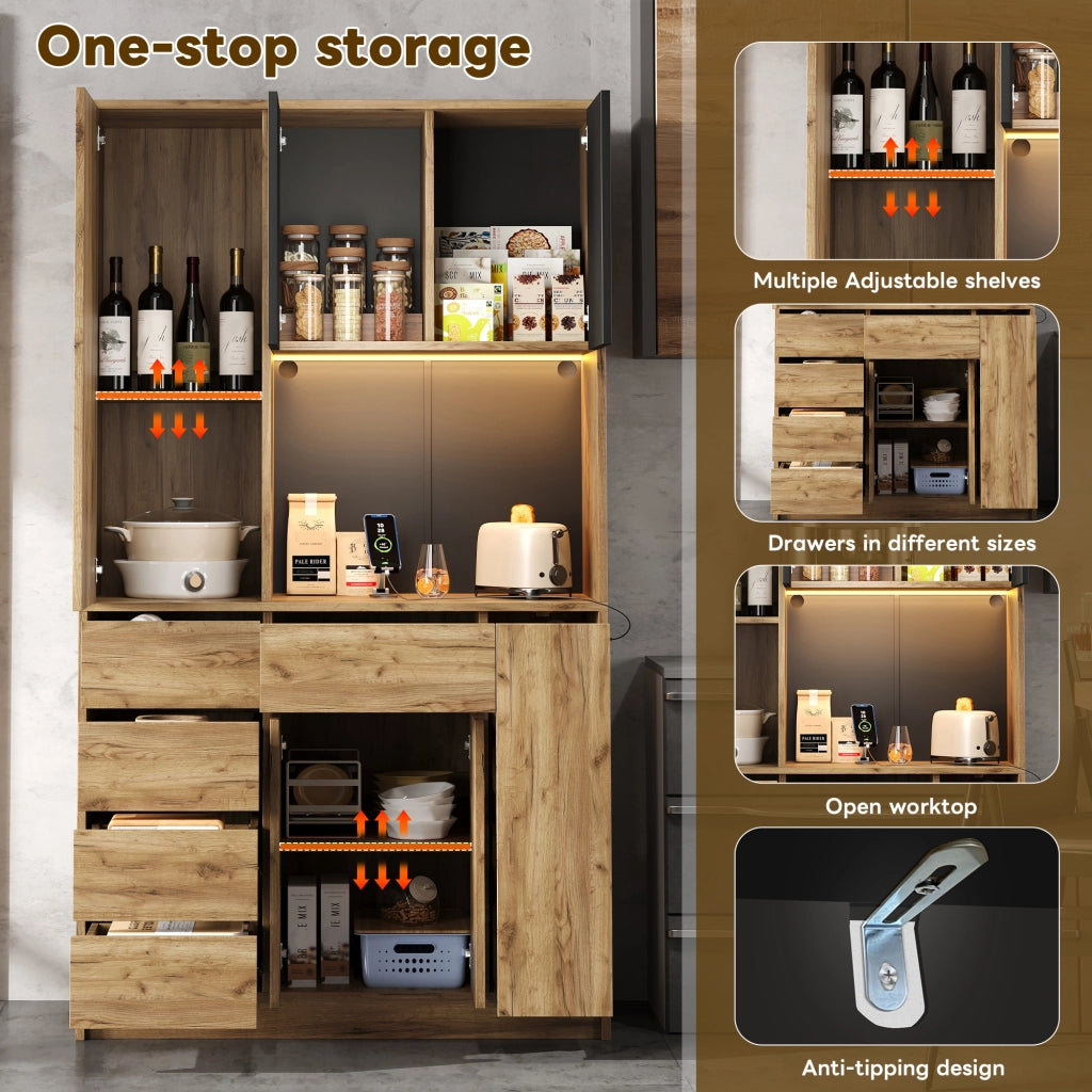 Credenza da cucina con LED e presa, ripiani regolabili, portabottiglie, MDF nero naturale 105 × 40 × 185 cm