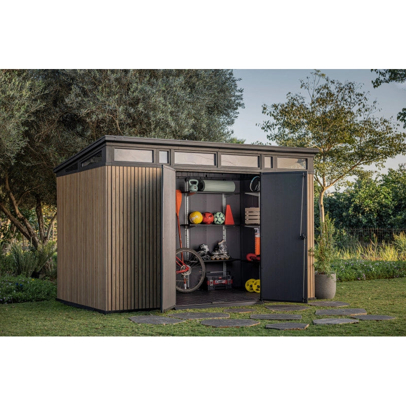 Casetta da giardino in resina effetto legno EVOTECH+ 342x218 cm - pavimento e doppia porta - carico neve 150 kg/m² – Pent 11x7 Signature Venetian - Keter
