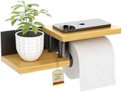 Sostegno per carta igienica in legno di bambù con ripiano di stoccaggio - Supporto per rotoli WC nero per parete (adesivo o foro)