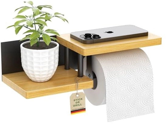Sostegno per carta igienica in legno di bambù con ripiano di stoccaggio - Supporto per rotoli WC nero per parete (adesivo o foro)