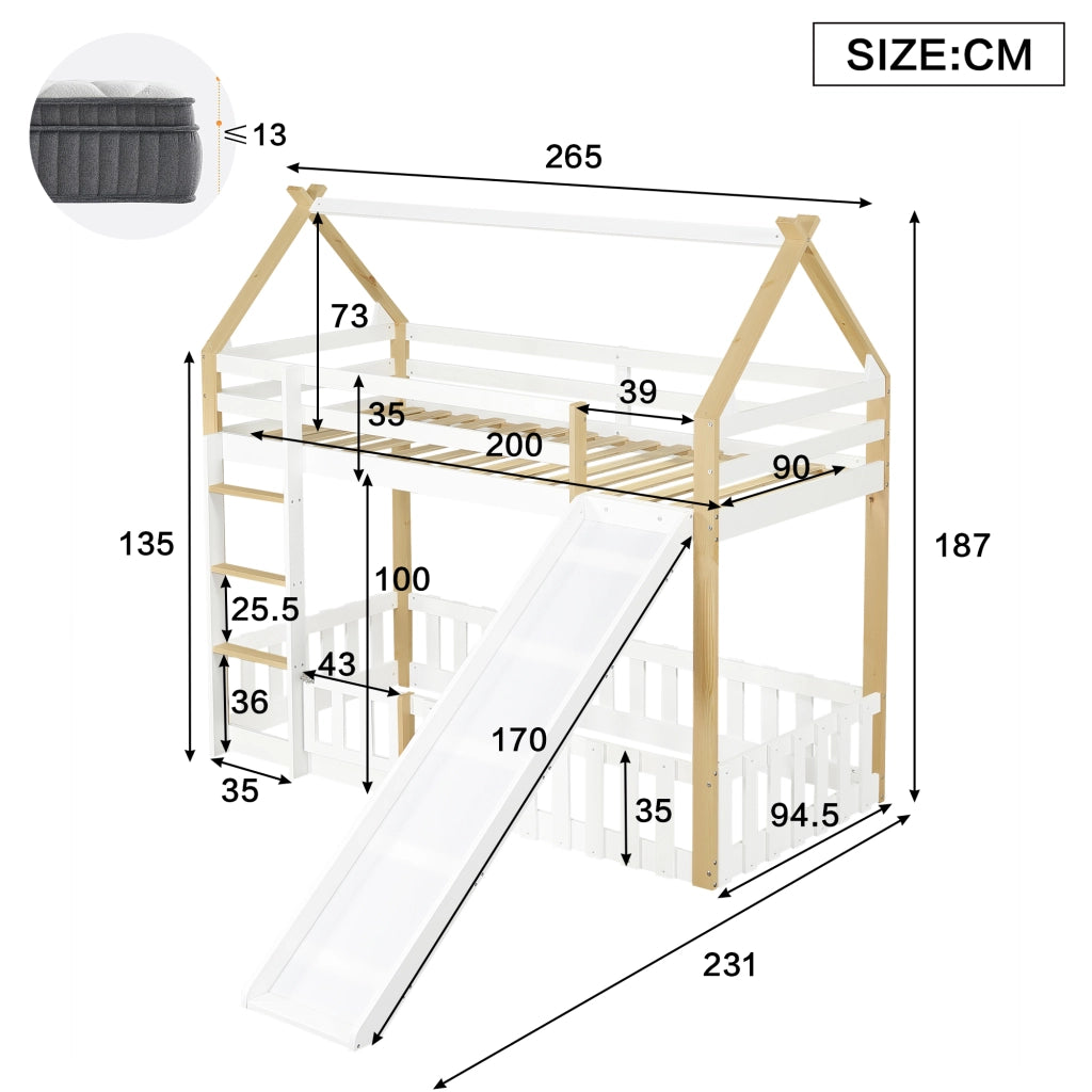 Letto a Soppalco 90x200 cm - con Scivolo e Scala - in Legno e MDF - Bianco e Naturale