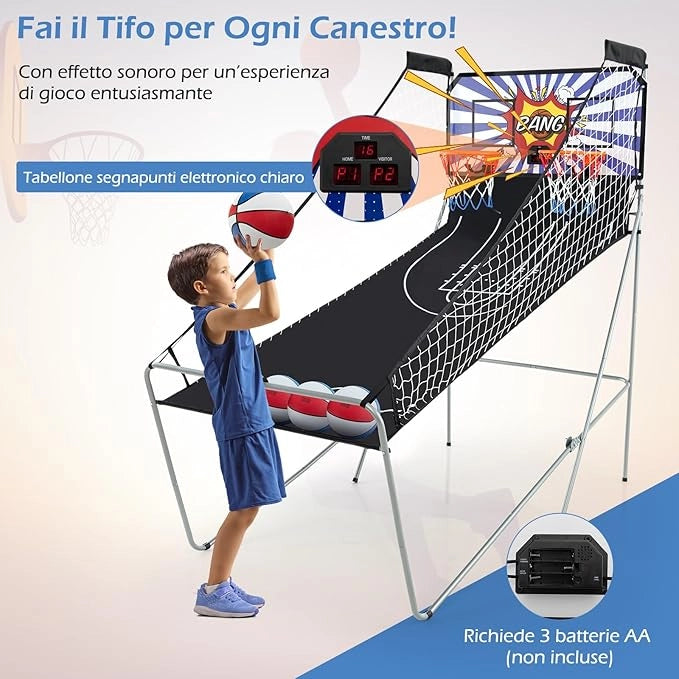 Macchina da Pallacanestro Elettronica, Canestro Basket da Camera a Doppio Tiro Pieghevole con Punteggio Elettronico, 4 Palle, 8 Modalità di Gioco e 2 Canestri (Blu e bianco)