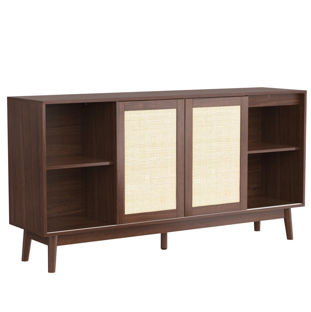 Credenza 155x38x80 cm con 3 ante scorrevoli in rattan e 2 cassetti; MDF e pannello truciolare