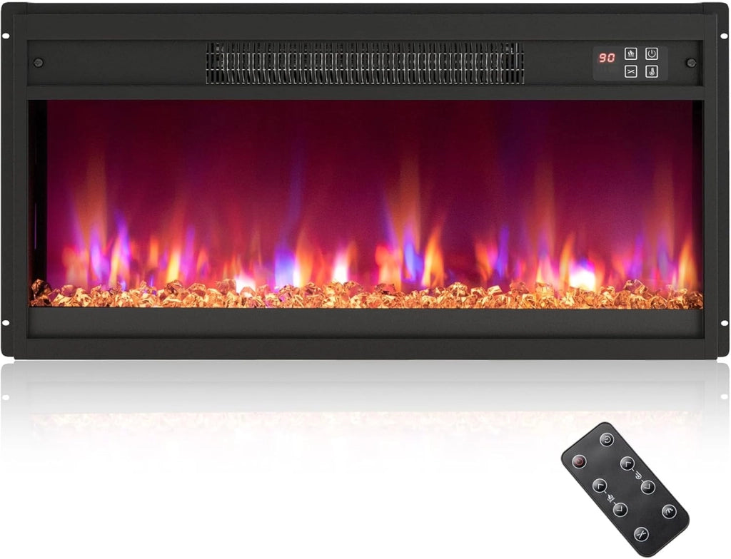 Caminetto Elettrico da Incasso, Inserto Camino Elettrico con Riscaldamento 1500W, Telecomando, Timer 0,5-9H, Effetto Fiamma Regolabile, Termostato e Protezione da Surriscaldamento (68x12x34cm)