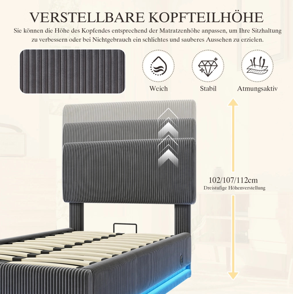 Letto imbottito 90x200 cm in tessuto corduroy grigio scuro con testiera regolabile; LED e USB-C