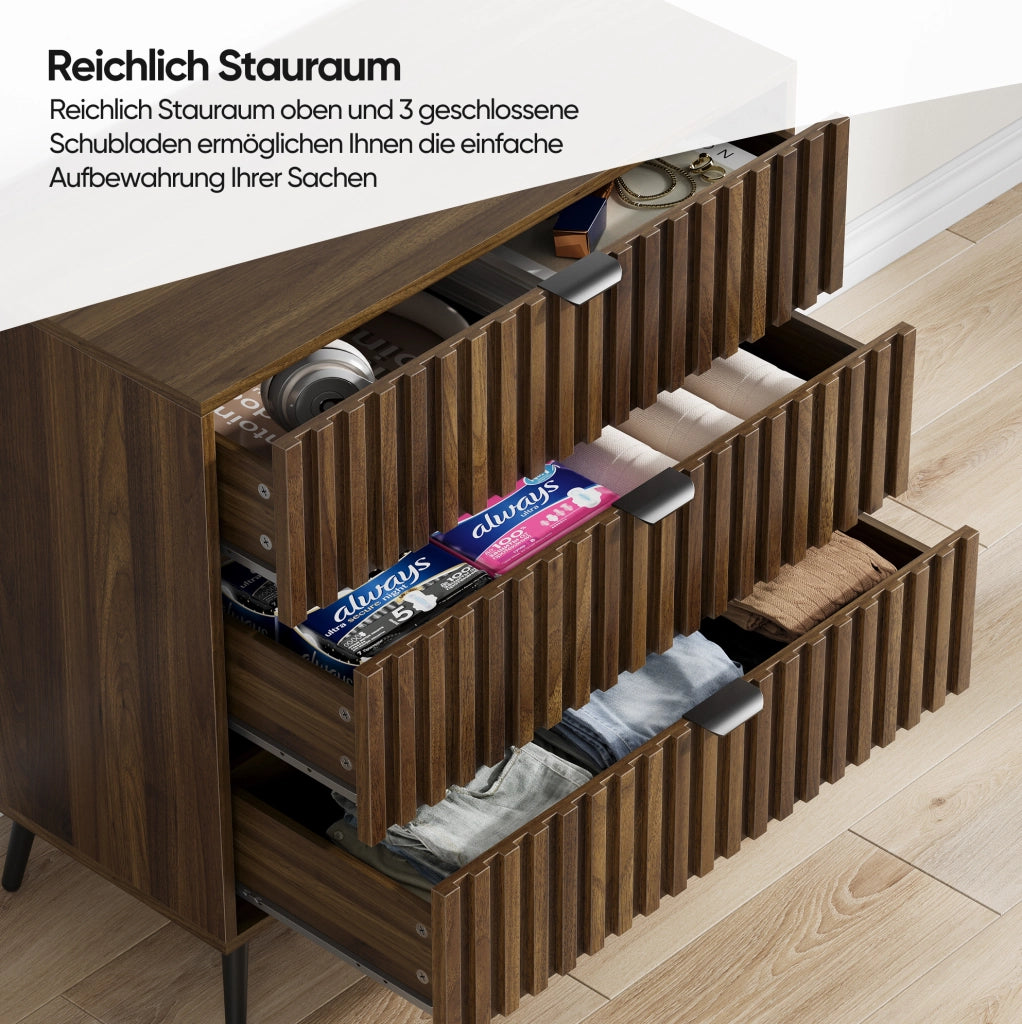 Cassettiera 80x39x78 cm con 3 cassetti e guide metalliche in MDF; noce