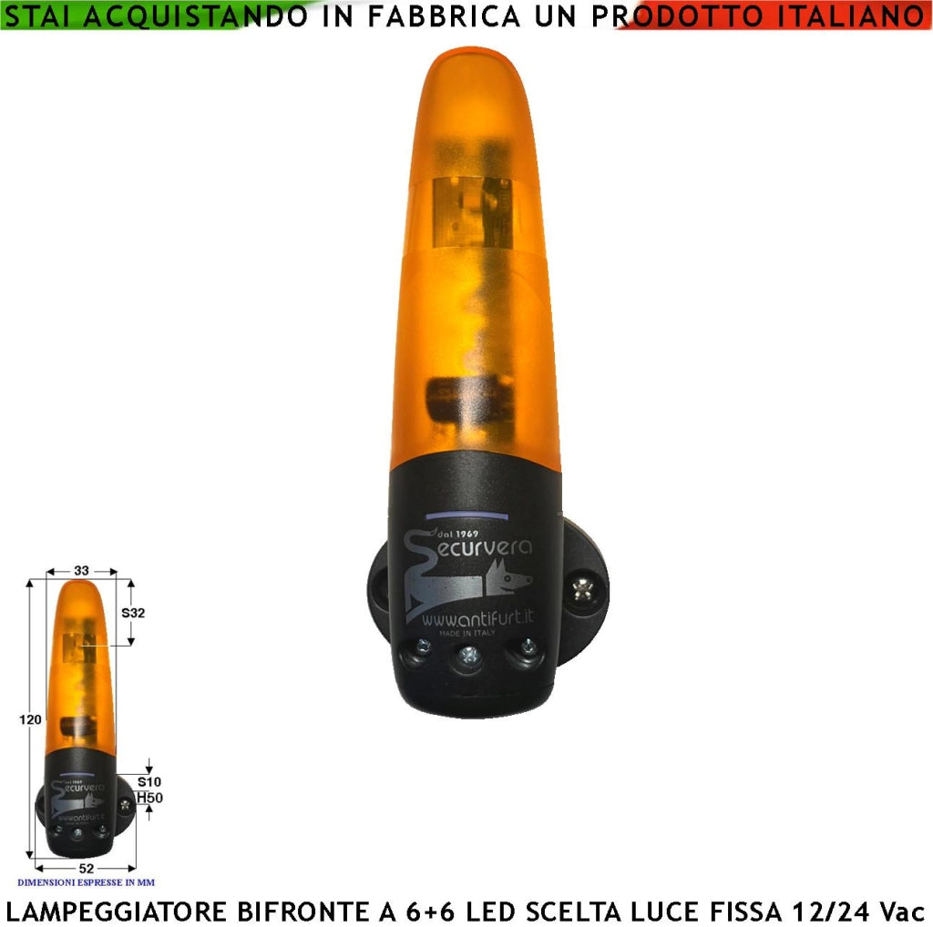 Lampeggiante 6+6 Led Luce Fissa o Intermittente Arancione Montaggio a Palo o Parete Monitore su Automatismi Avviso Pericolo Macchina in Movimento Alim. 12/24 V Contenitore Metacrilato Protezione IP44