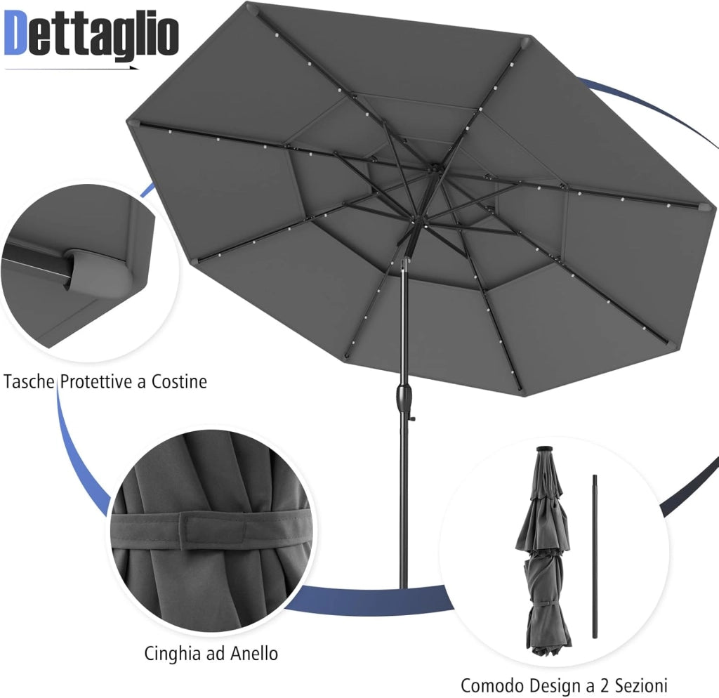 Ombrellone da Patio 297 cm con 32 Luci LED, Tetto Ventilato a 3 Piani, Inclinazioni Regolabili, Manovella, 8 Stecche, Ombrellone da Giardino, Piscina, Spiaggia (Grigio)