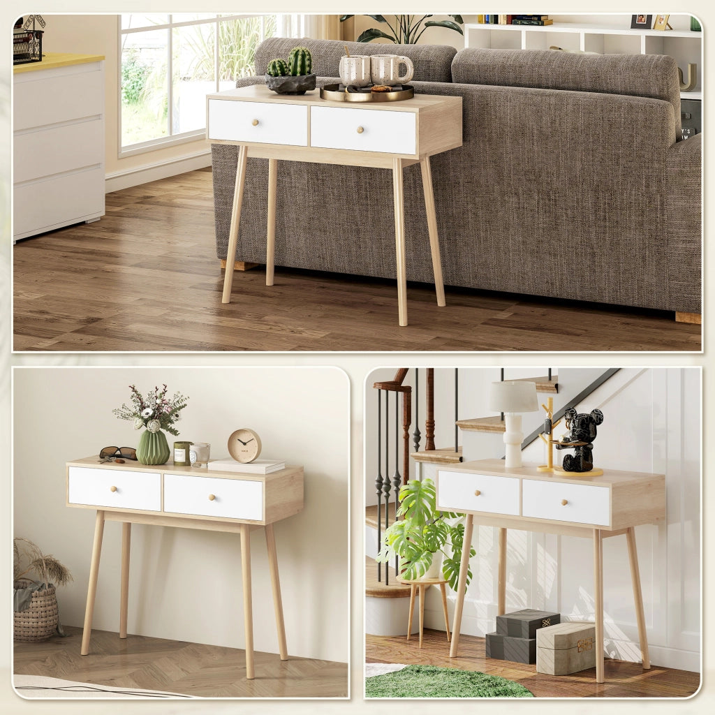 Tavolo console con 2 cassetti e gambe in legno ¨C Zephmum ¨C Bianco e quercia 86x35x75