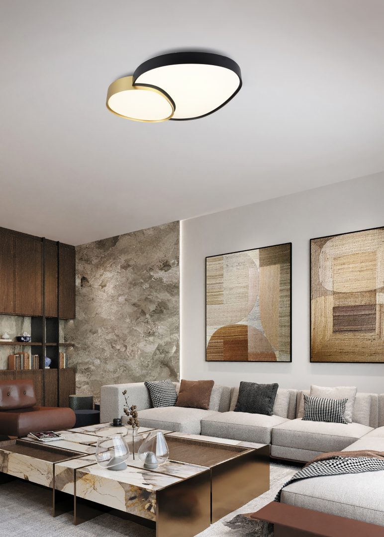 Plafoniera LED forma organica, metallo, nero e oro, L 77 cm, Rise