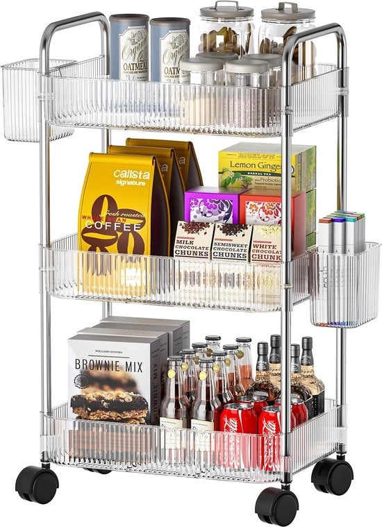 Vettore di attrezzi a tre livelli con manubrio, vettore mobile rotante con ruote, vettore di attrezzi multifunzionale rimovibile per cucina, ufficio, bagno, lavanderia, trucco, tubo in acciaio inox