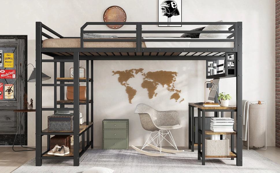 LETTO a soppalco 120x200 cm con scrivania integrata, nero e noce scuro