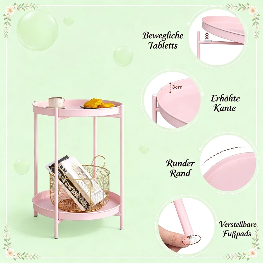Tavolino basso rotondo con 2 ripiani metallici e vassoi rimovibili, stile moderno, per soggiorno, in metallo, rosa
