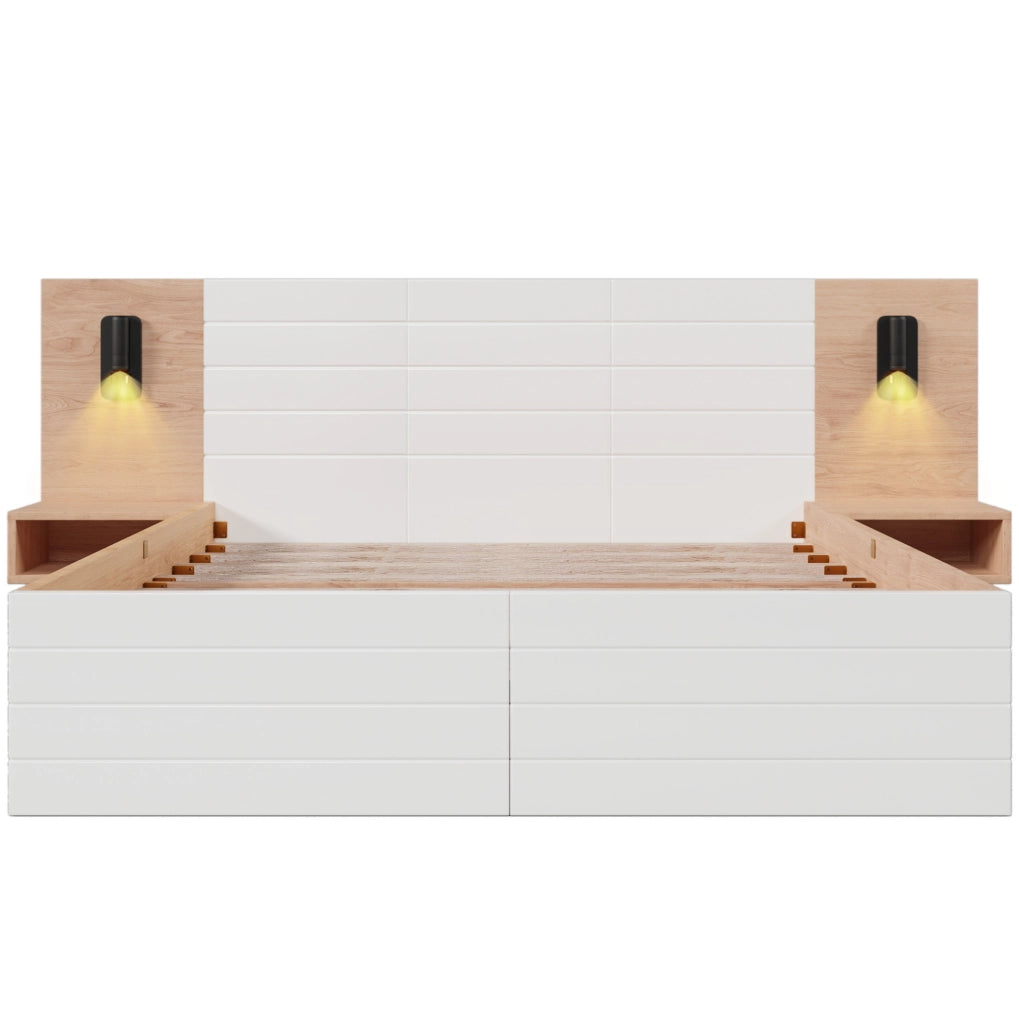 Letto matrimoniale 160x200 cm con lampada da lettura; USB; 2 cassetti; bianco e rovere chiaro; con materasso