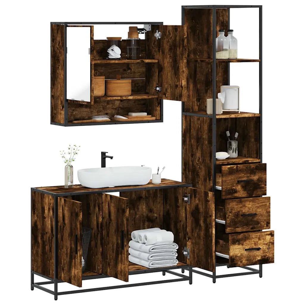 Set Mobili da Bagno 3 pz Rovere Fumo in Legno Multistrato