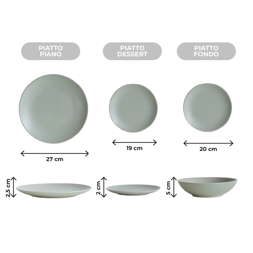 Servizio 18 Pezzi Piatti Cucina In Porcellana Gres Matt Design Moderno Finiture Opache Piatto Fondo Piano Dessert Lavastoviglie Microonde Colorazioni Tinta Unita Certificati Contatto Alimentare Salvia