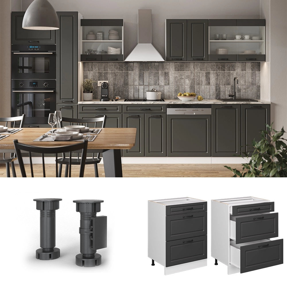 Mobiletto base per cucina R-Line Antracite rustico/Bianco 60 cm con cassetti, senza piano di lavoro Vicco