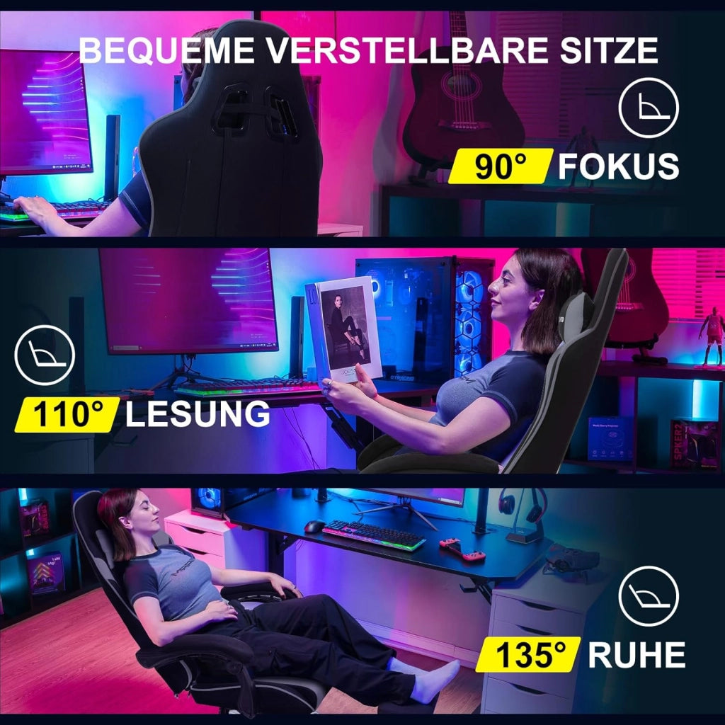 Sedia da gaming, in tessuto, da ufficio, da gioco, ergonomica, con poggiapiedi, per massaggi, cuscino lombare, imbottito, sedia da gioco, sedia girevole, grigio
