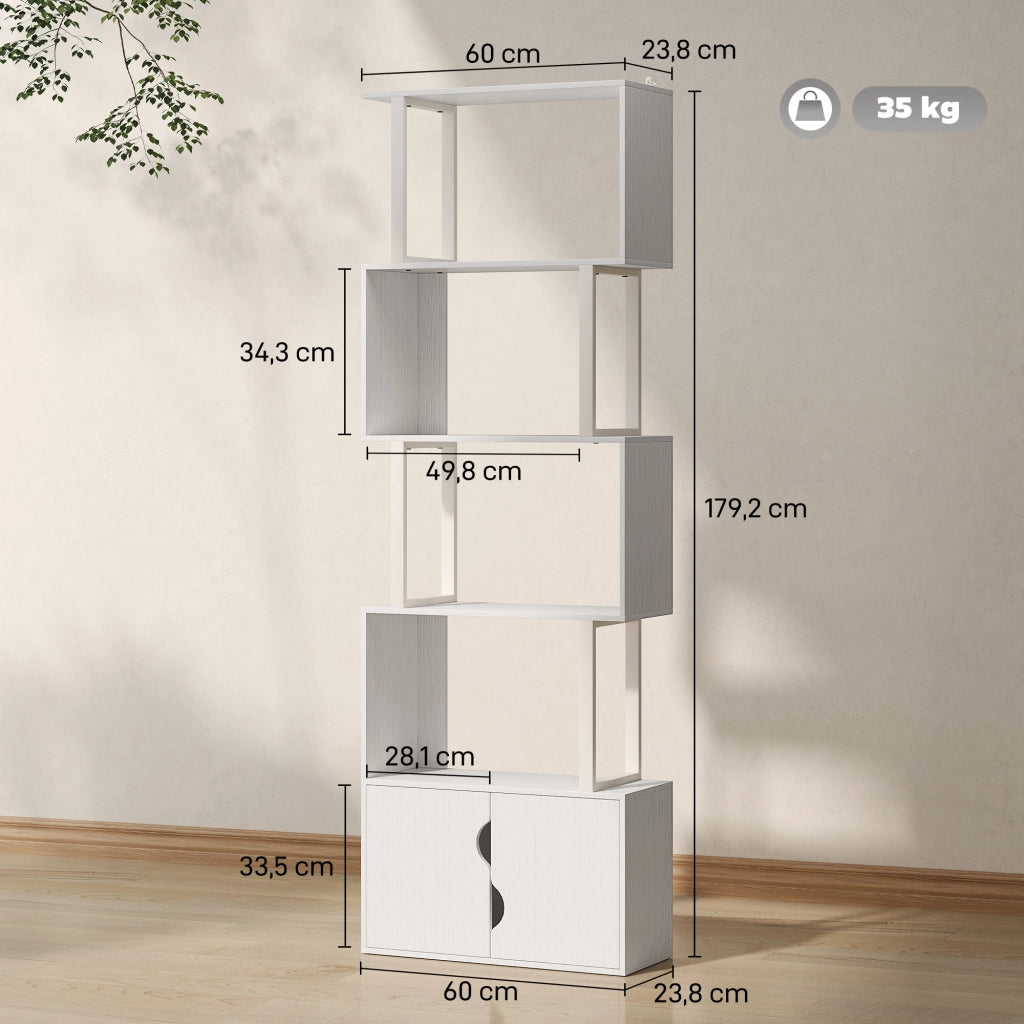 Libreria 5 livelli con ante e scaffali ¨C zephmum ¨C bianco 60x23.8x179.2 cm