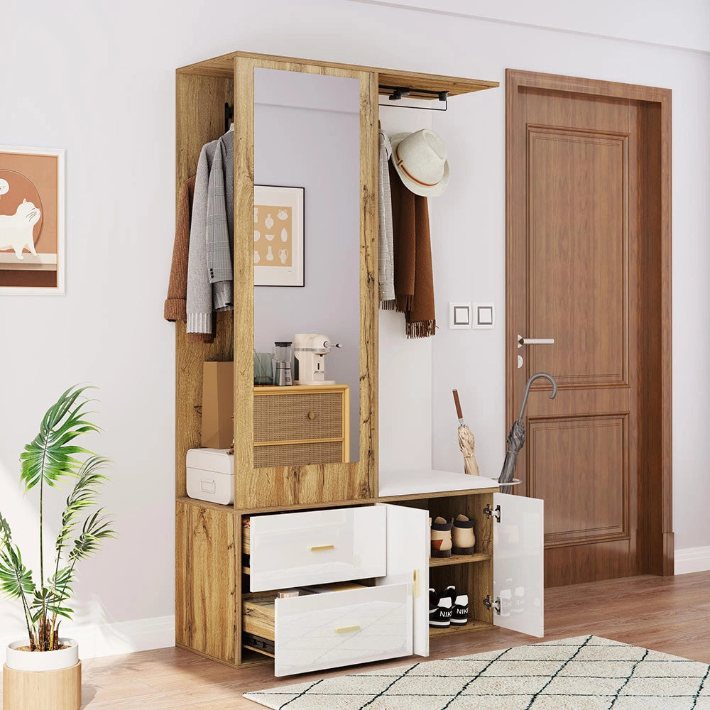 Armadio guardaroba completo - Xylo - Bianco e legno - Specchio, scarpiere, panca e appendiabiti scorrevole