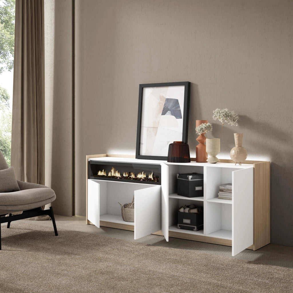Credenza, Mobile, Cucina, 207x80x37 cm, 4 Porte, Camino elettrico, LED, Bianco e Rovere soft