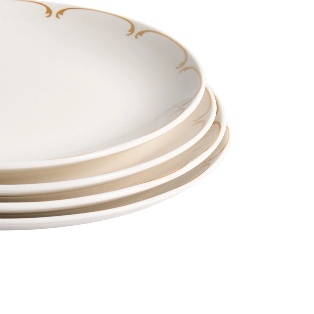 Set da 12 pezzi di stoviglie in porcellana con bordi decorativi in bianco e oro e finitura smaltata trasparente per cucina e sala da pranzo