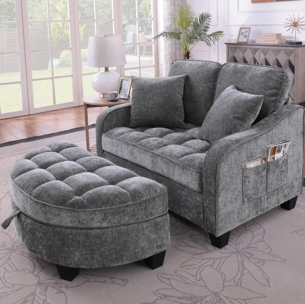 Divano letto 132x129x93 cm convertibile con pouf contenitore in eucalipto grigio scuro