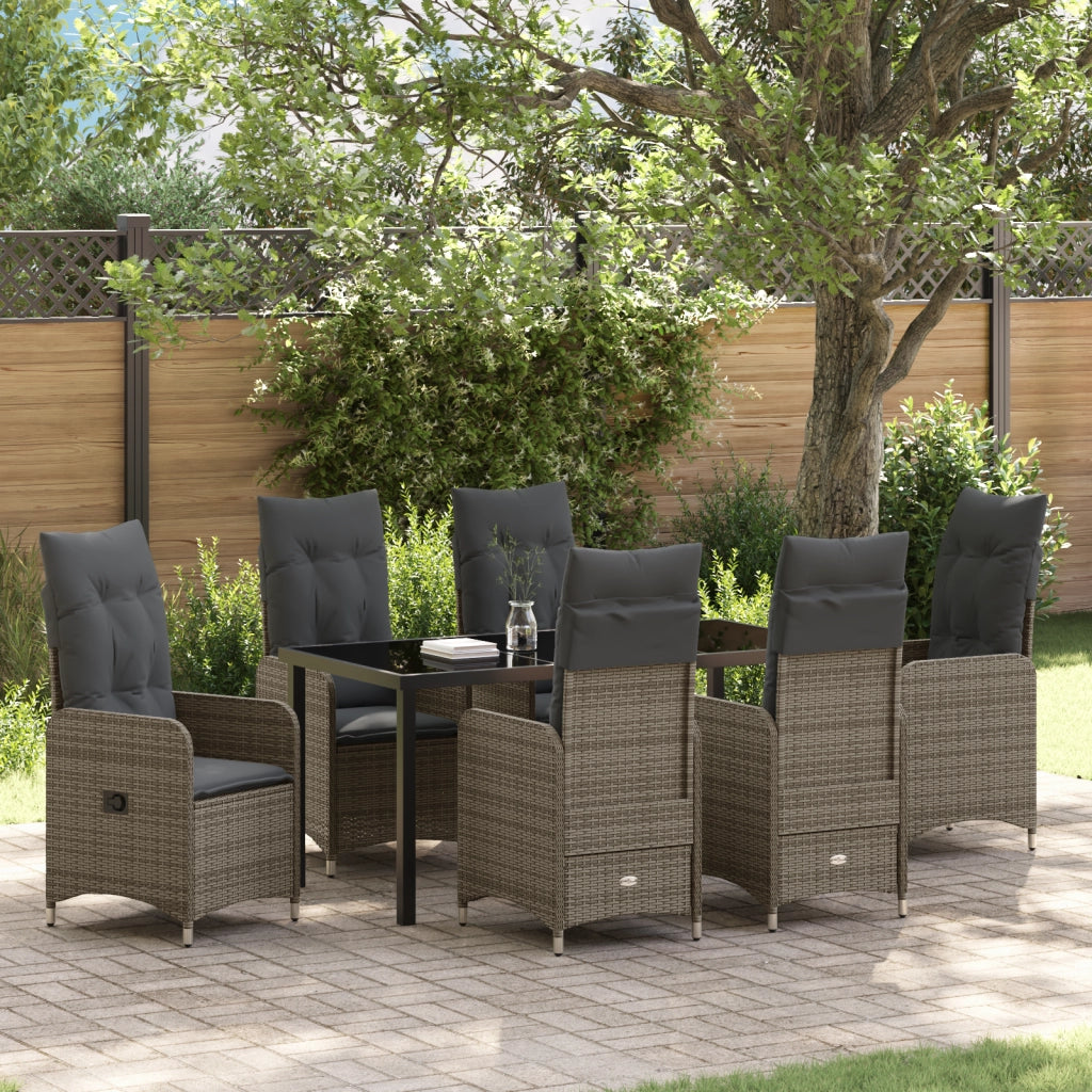 Set da Pranzo da Giardino 7 Pezzi con Cuscini in Grigio Polyrattan