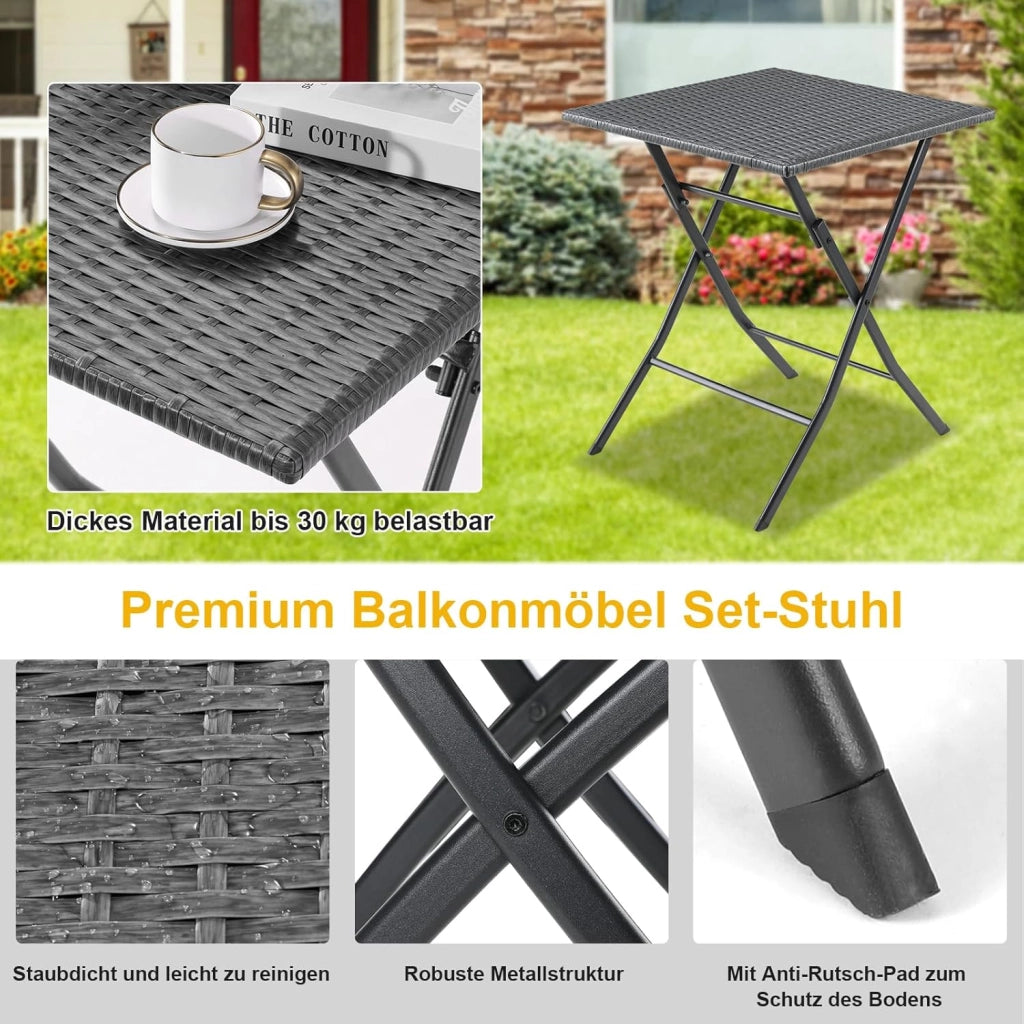 Set di Mobili da Balcone Pieghevole da 3 Pezzi, Mobili da Bistrot, Set Giardino in Rattan, 1 Tavolo e 2 Sedie, Sedia Pieghevole per Balcone, Giardino e Terrazza, Grigio