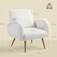 Poltrona imbottita con Rivestimento in Pile, Braccioli e Cuscino Lombare, Gambe in metallo, Bianco crema