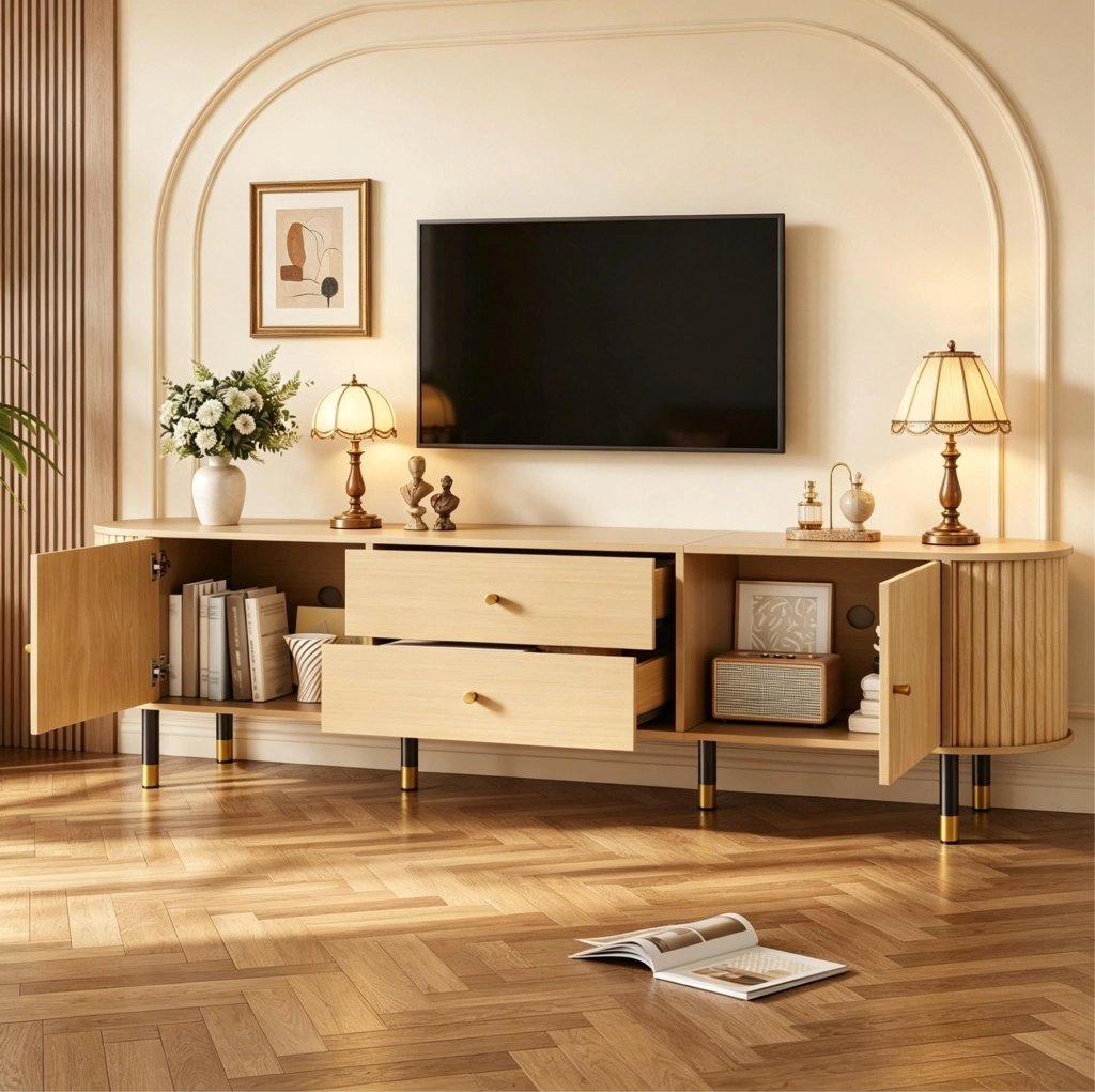 Mobile TV 180x40x58 cm con 2 cassetti; 2 ante e gestione cavi in MDF naturale