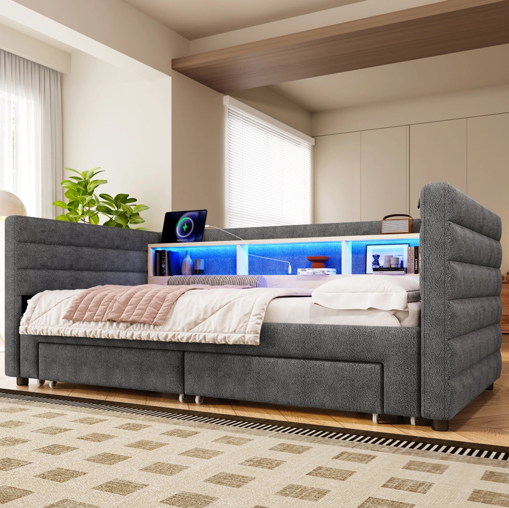 Letto estraibile in velluto con LED e vani contenitore