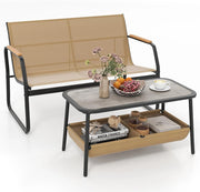 Set Tavolo e Panca da Giardino, Tavolino da Caffè con 2 Scomparti di Stoccaggio, Set Bistro da Esterno in Metallo, per Balcone Veranda, Pancha Portata 300 kg, Tavolo Portata 80 kg